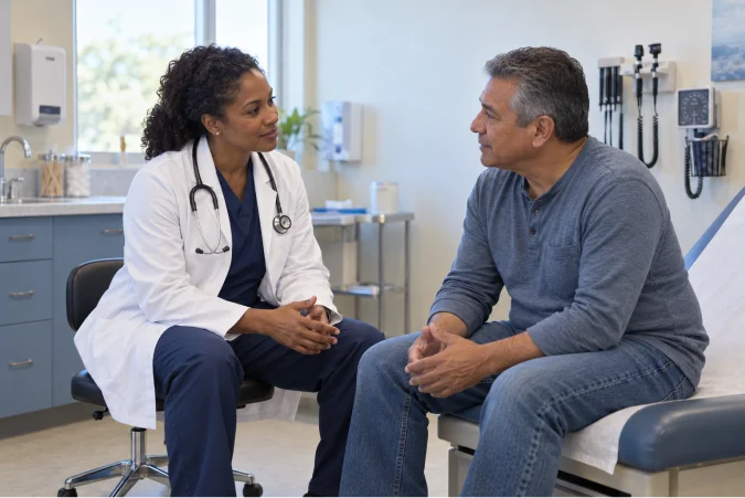 A physician speaks with a patient in an exam room