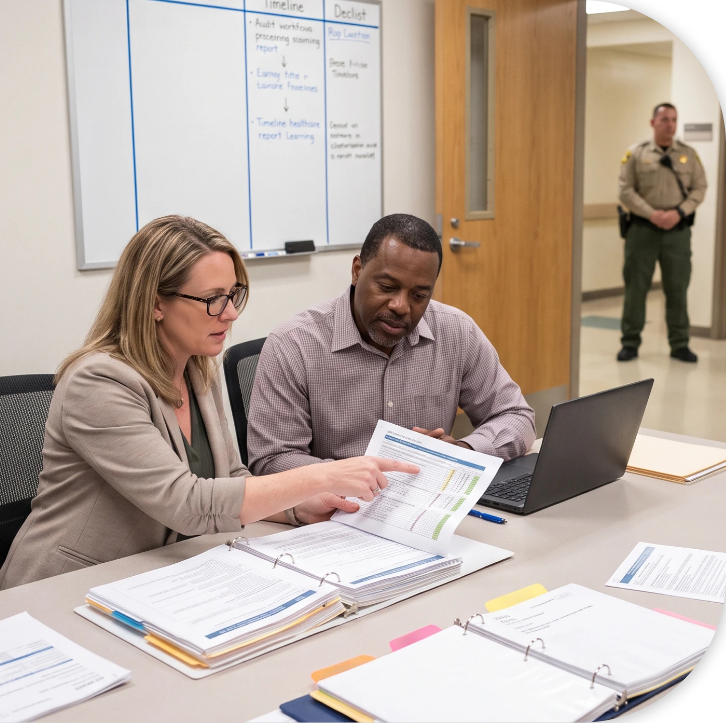 Two administrators review compliance binders and reports