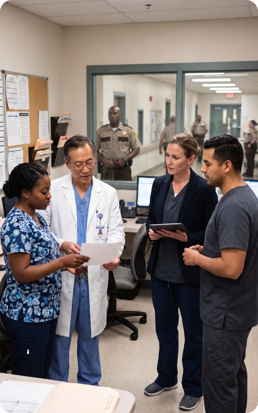 A physician reviews paperwork with clinical staff and facility leadership